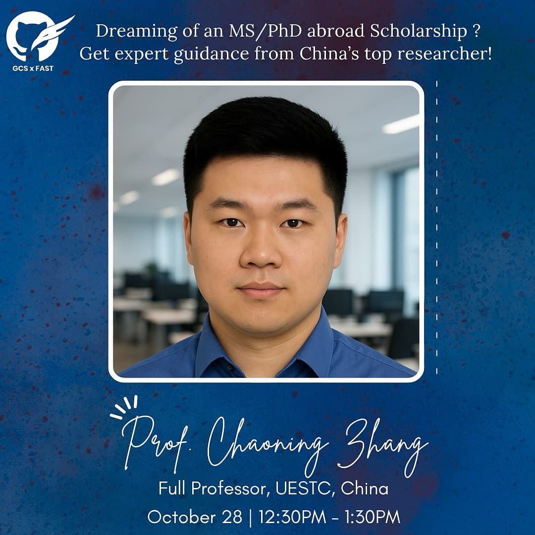 Poster for a talk with Professor Chaoning Zhang about MS and PhD scholarships abroad
